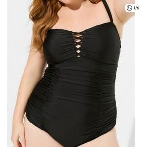 Torrid Black Slim Fix Lace-Up Ruched One-Piece Swimsuit